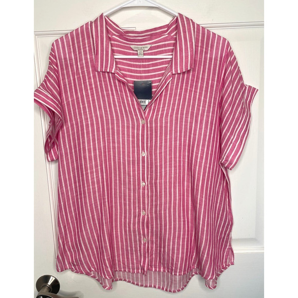 Lucky Brand Tops - NWT Lucky Brand Women's Cotton Modal Button Down Short Sleeve Blouse Sz L Stripe